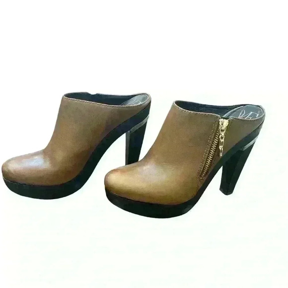 Diane von Furstenberg Brown Leather Clogs black wood Heel Size 7.5 - Picture 2 of 9